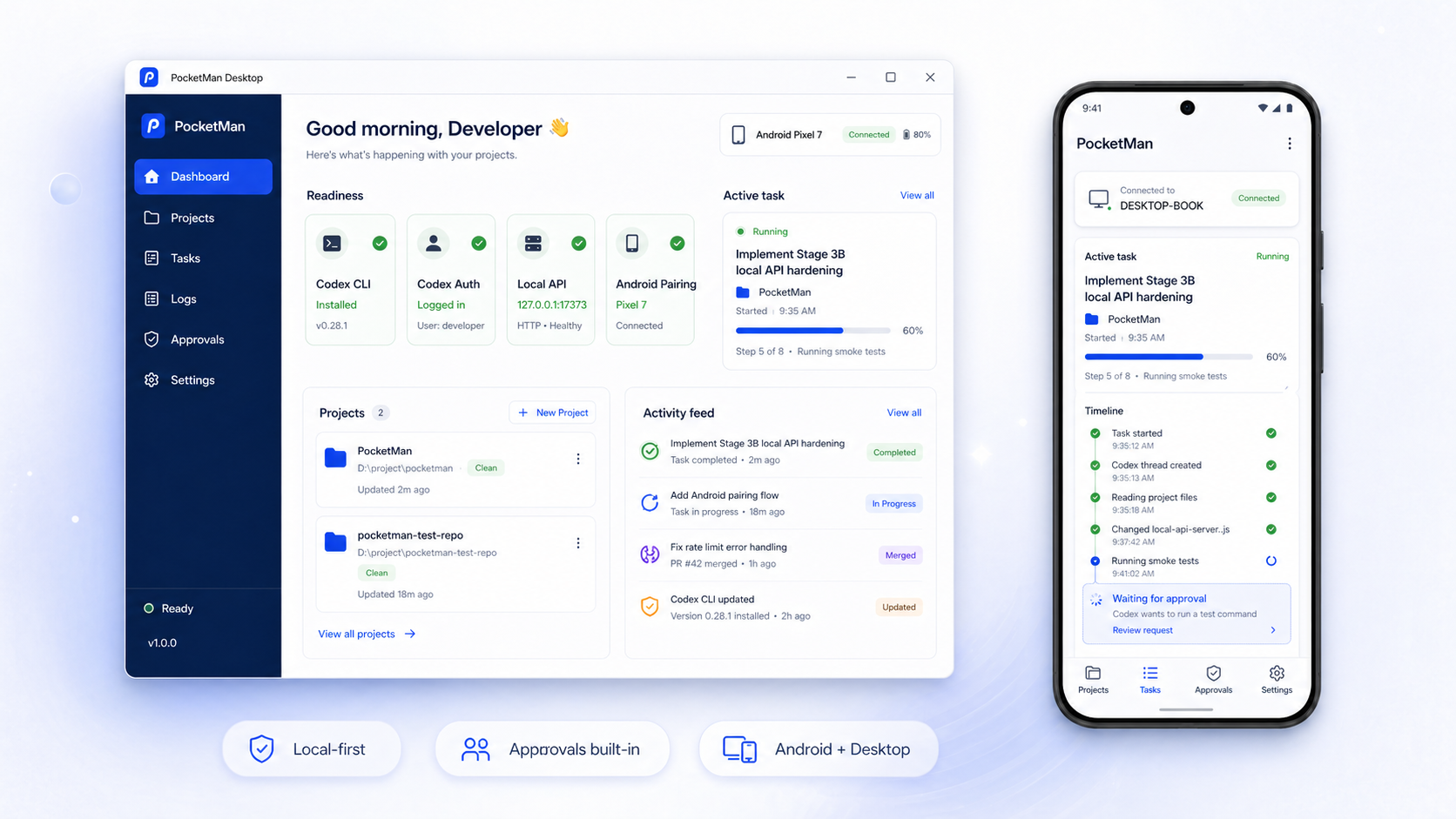 PocketMan Desktop dashboard and Android timeline hero concept render
