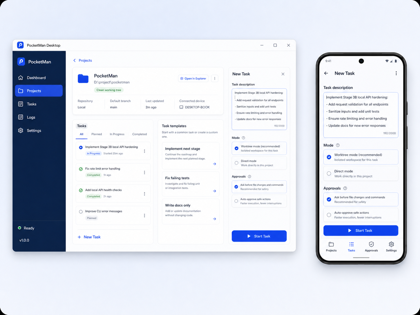 PocketMan project dashboard and task creation composer