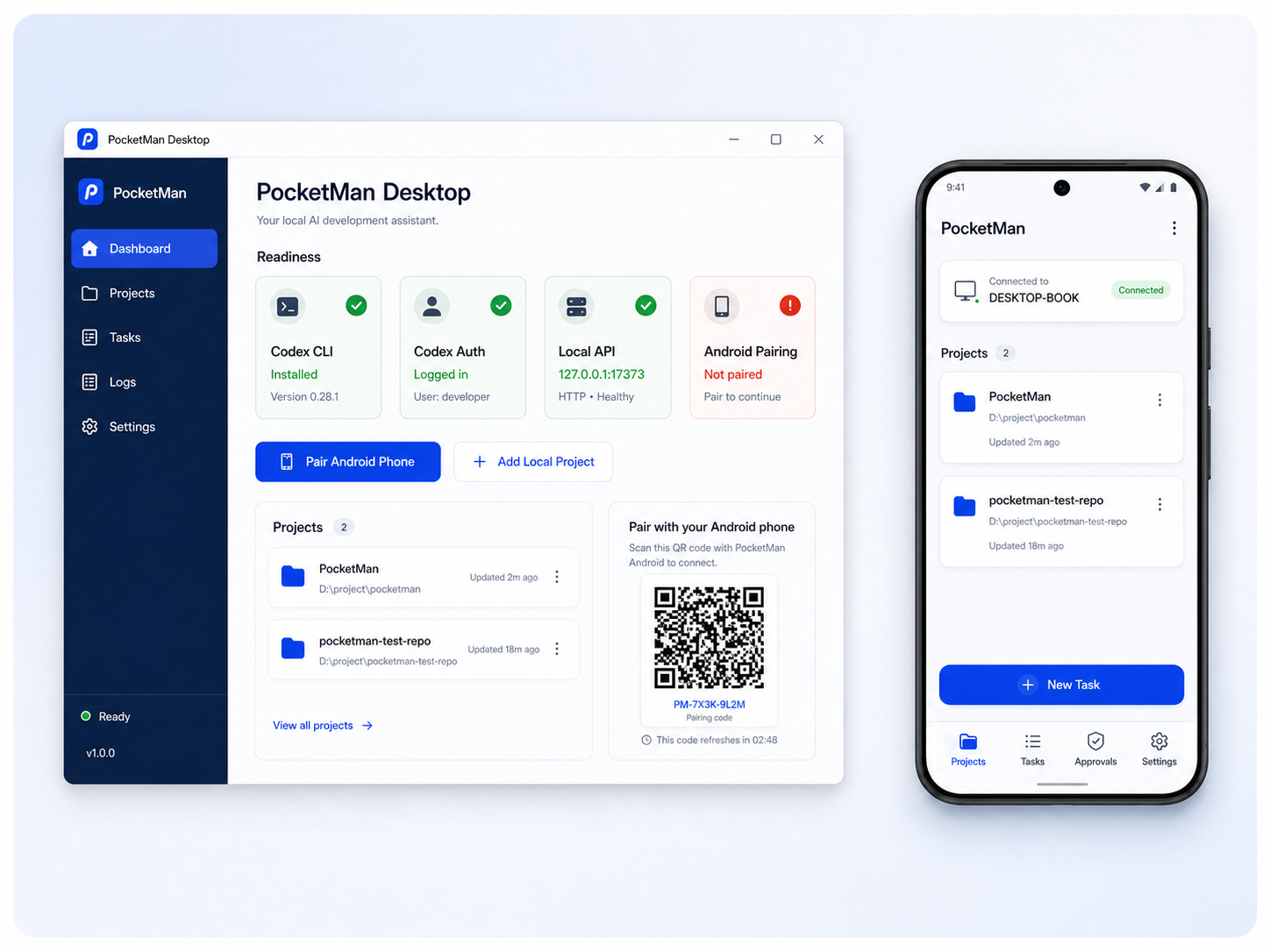 PocketMan Desktop readiness and Android home screen