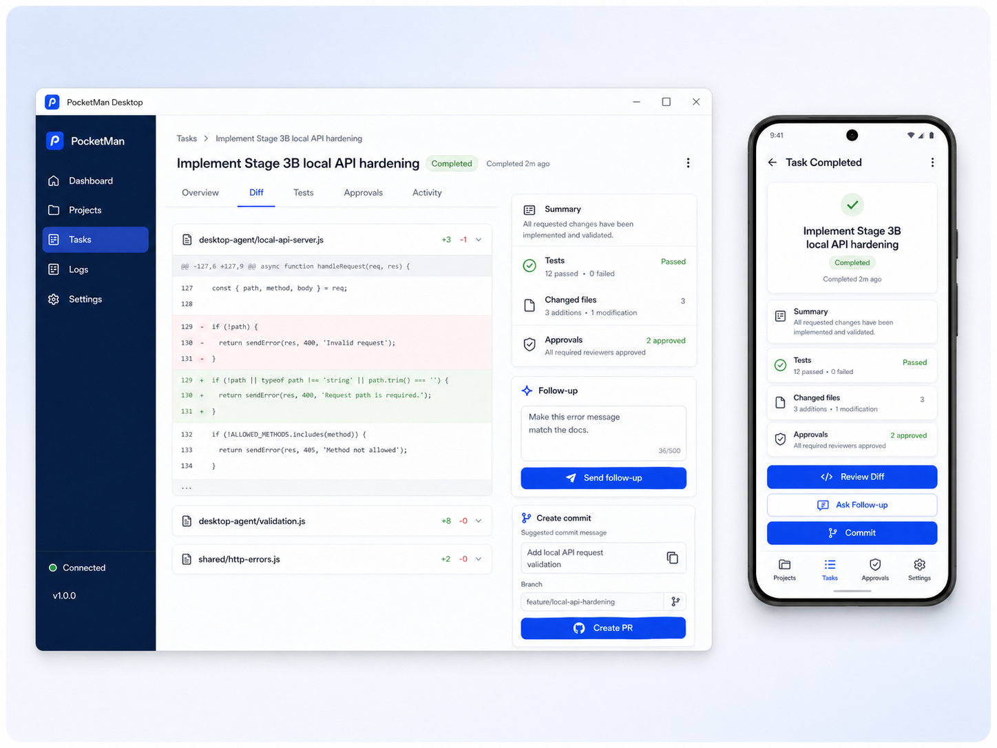 PocketMan review diff follow-up commit and PR preparation