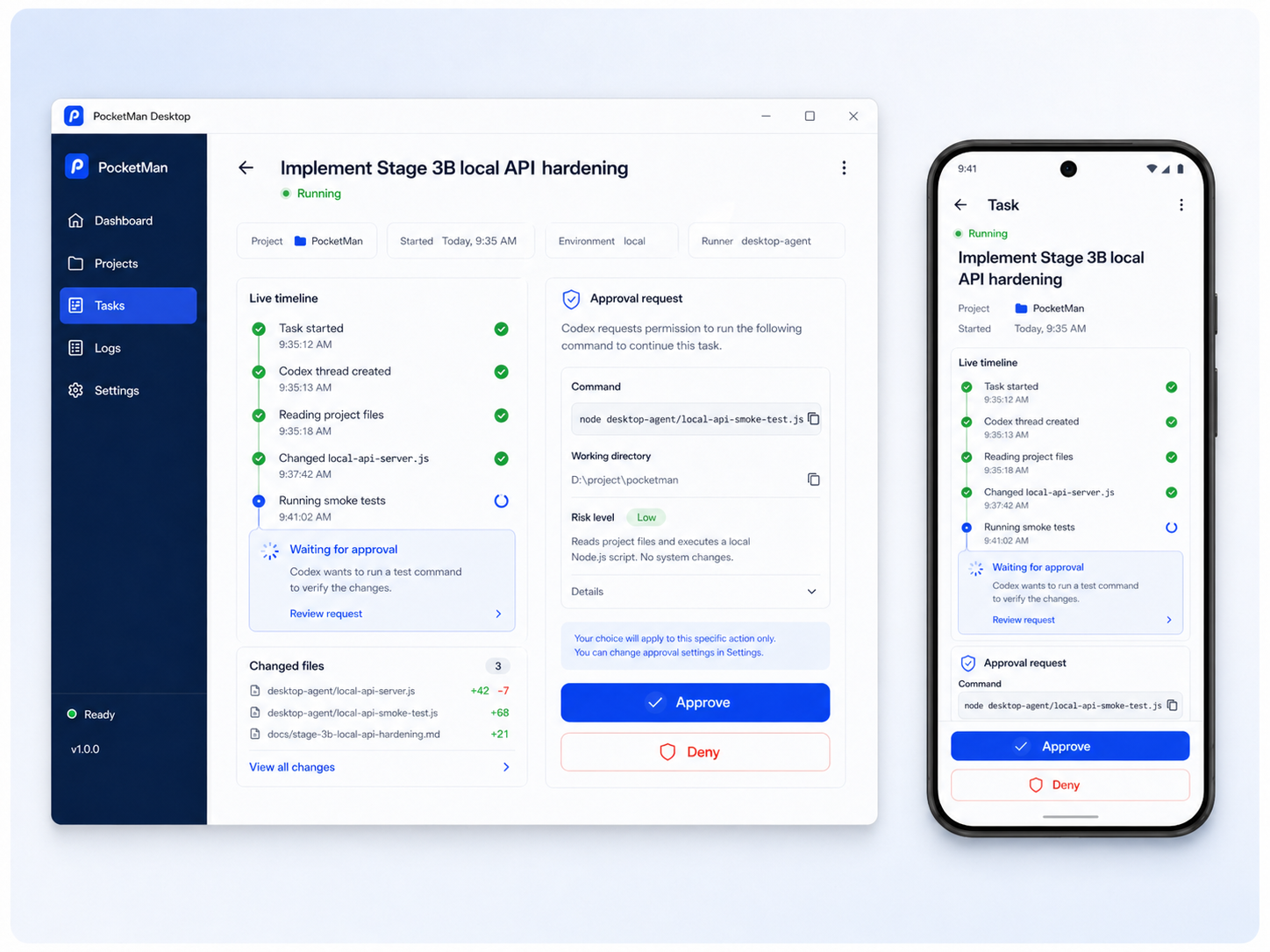PocketMan live task timeline and approval request
